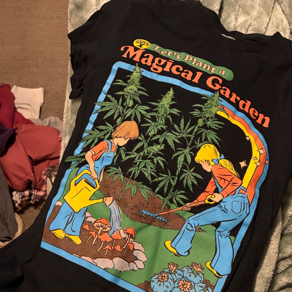 Black Graphic Tee with Colorful Garden Design